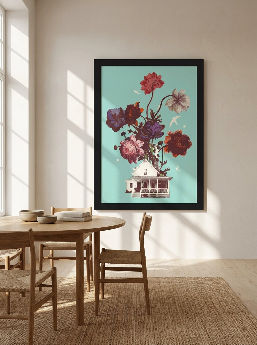 Oversized statement modern wall art print styled on the wall in a warm Japandi dining room
