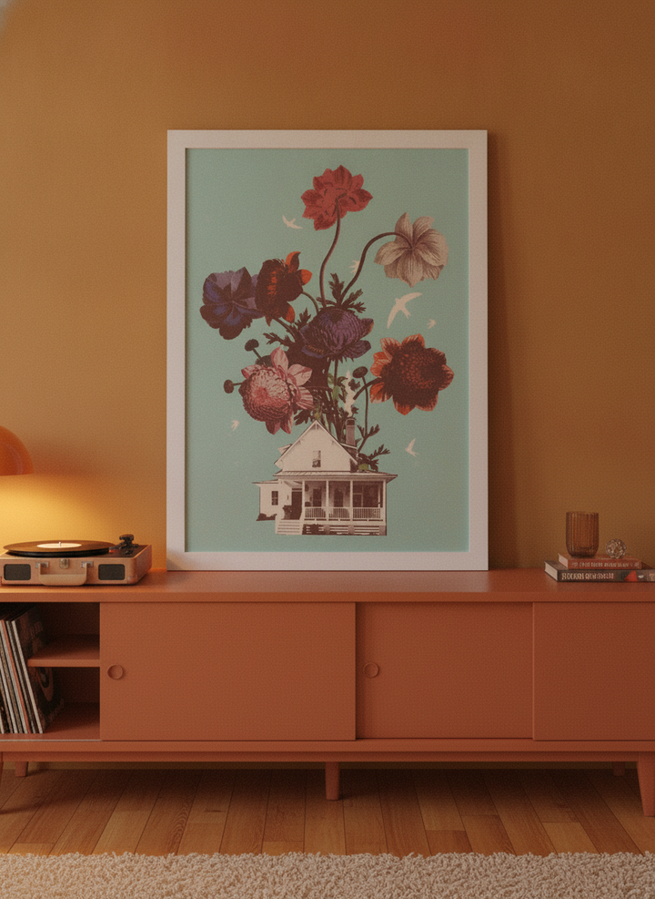 Modern wall art print standing on a sideboard in a retro 70s living room
