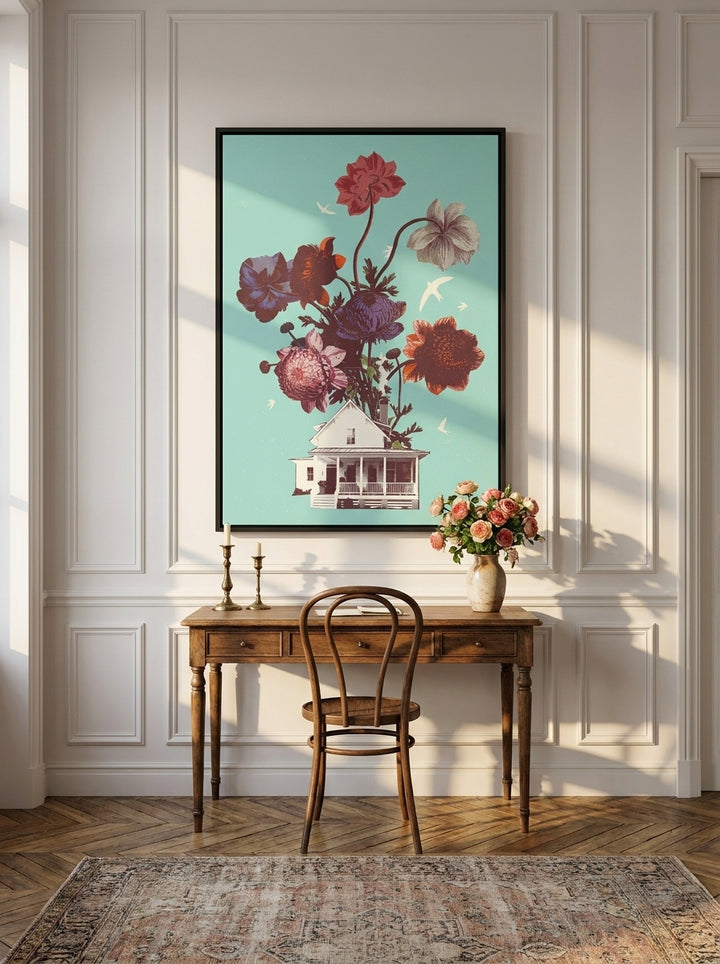 Canvas wall art with a black surround styled on the wall in a Parisian home office