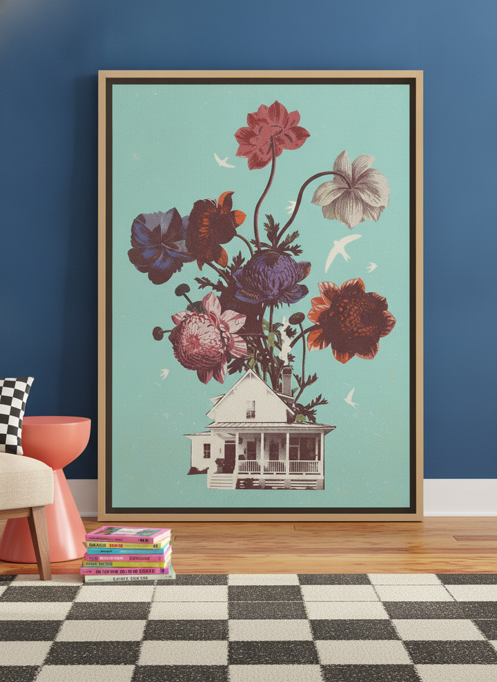 Oversized statement canvas wall art with a natural timber surround leaning against the wall in a colourful eclectic living room