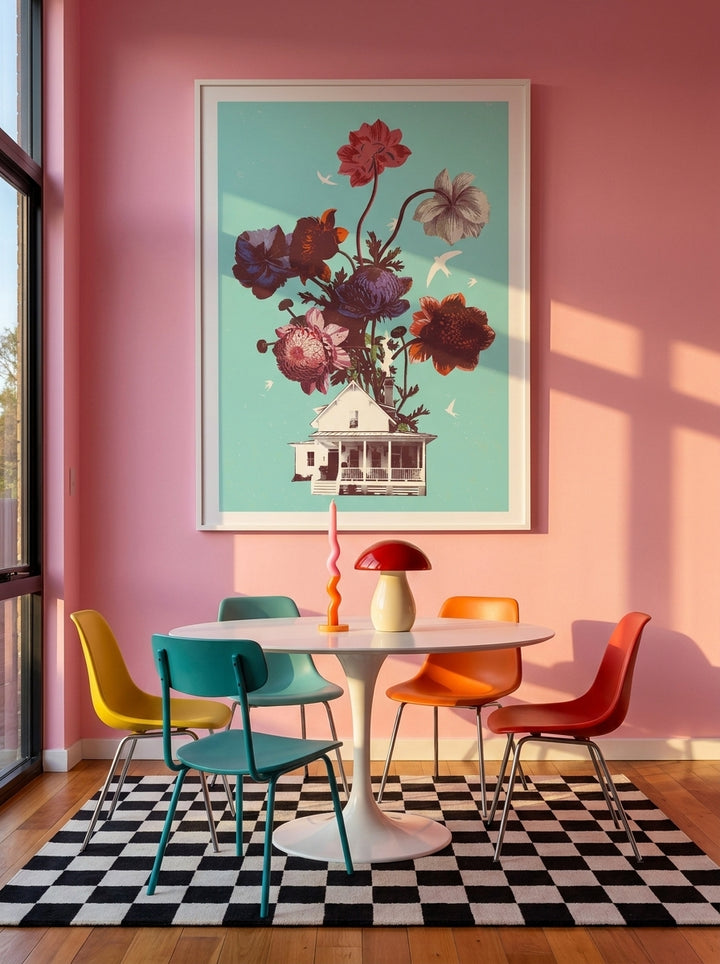 Oversized statement modern wall art print styled on the wall in a colourful eclectic dining room