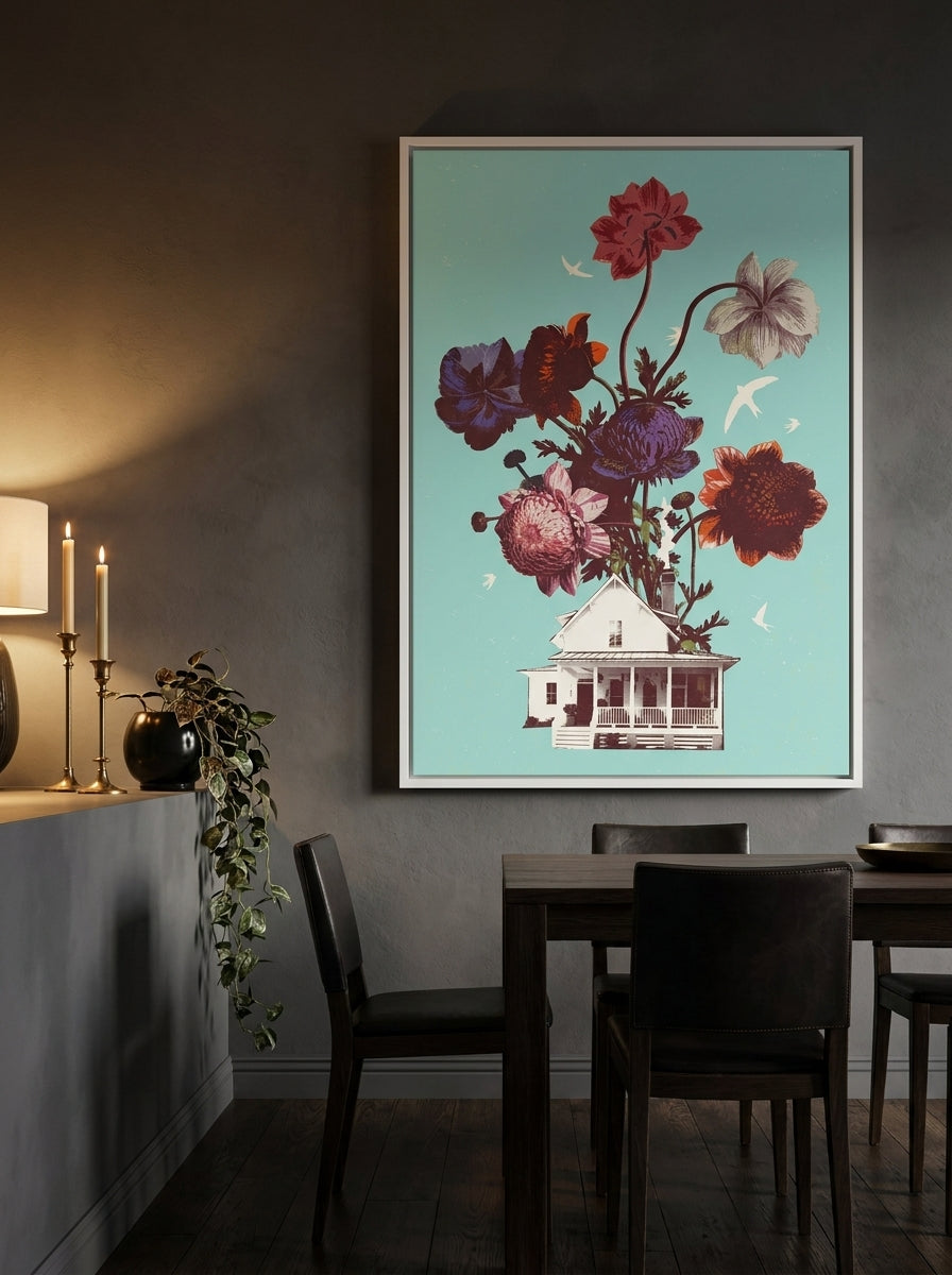 Oversized statement canvas wall art with a white surround styled on the wall in a moody dining room