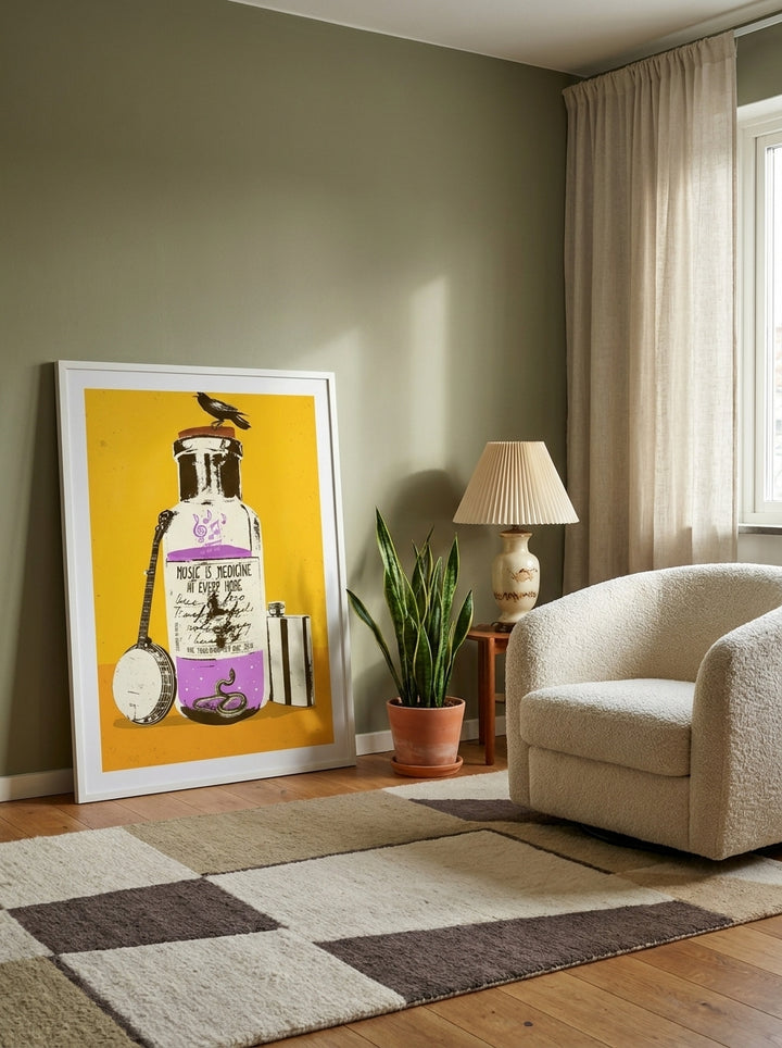 Modern wall art print leaning against the wall in a mid-century living room