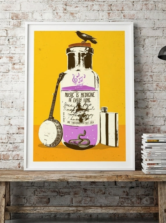 Modern wall art print standing on a bench in an industrial loft home office