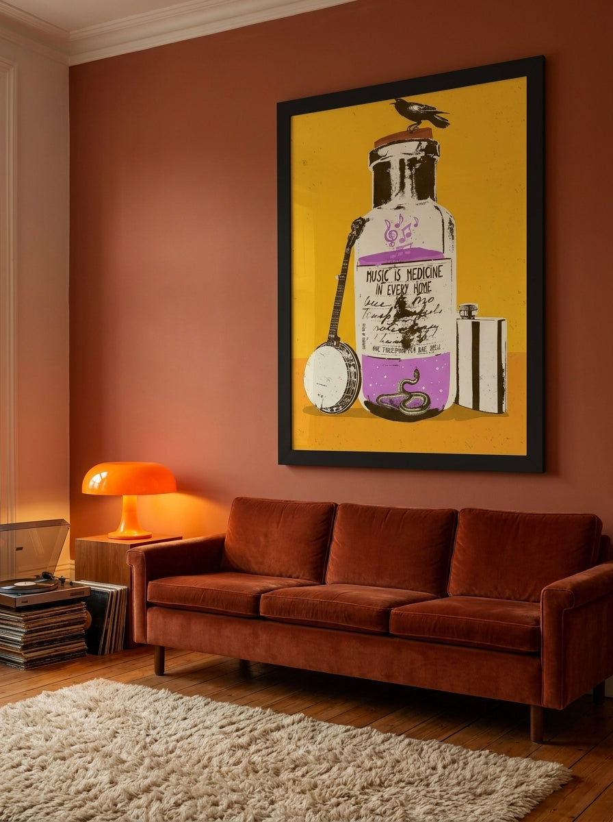 Oversized statement modern wall art print styled on the wall in a retro 70s living room