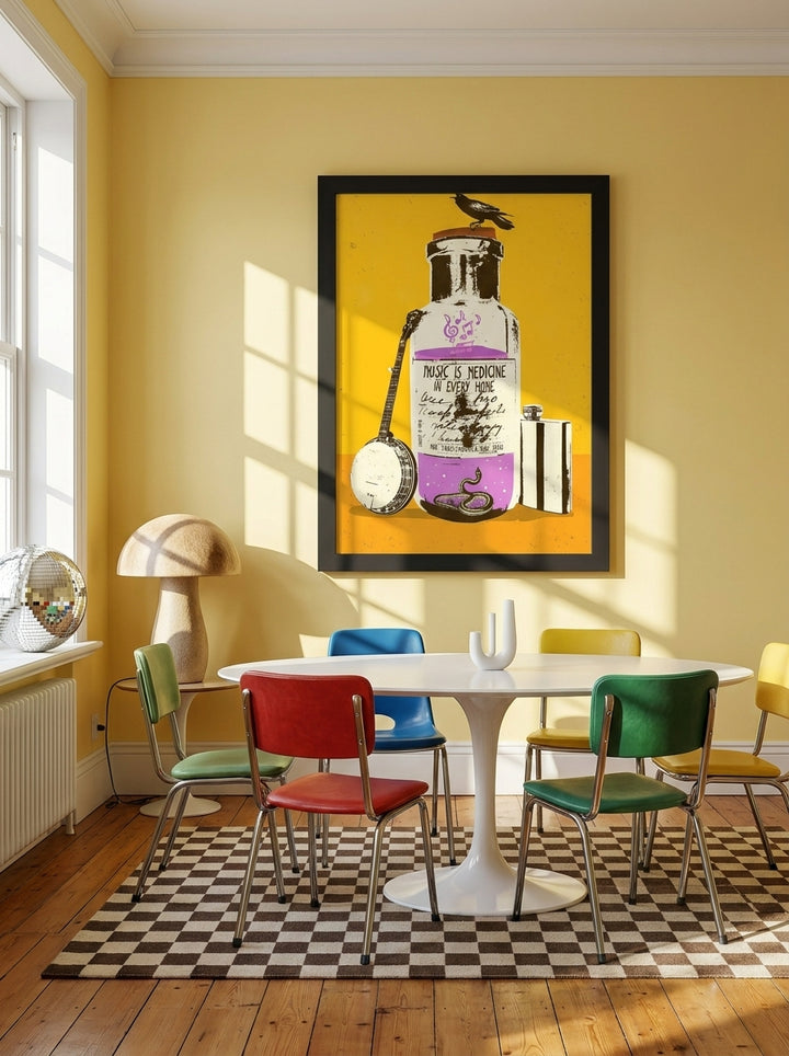 Modern wall art print styled on the wall in a colourful eclectic dining room