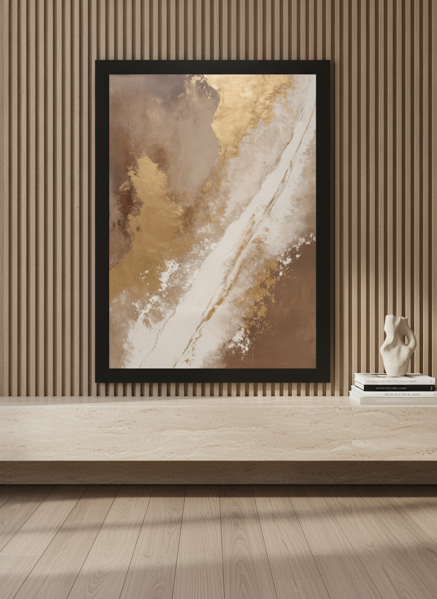 Modern wall art print standing on a console in a luxe home office