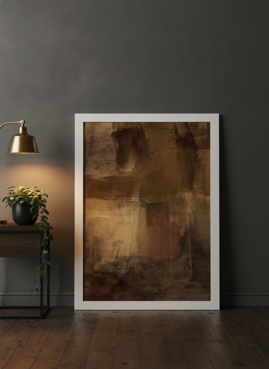 Modern wall art print leaning against the wall in a moody home office