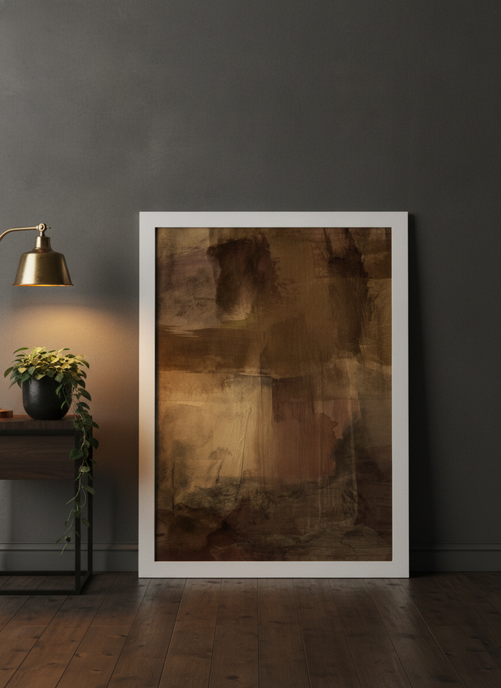 Modern wall art print leaning against the wall in a moody home office