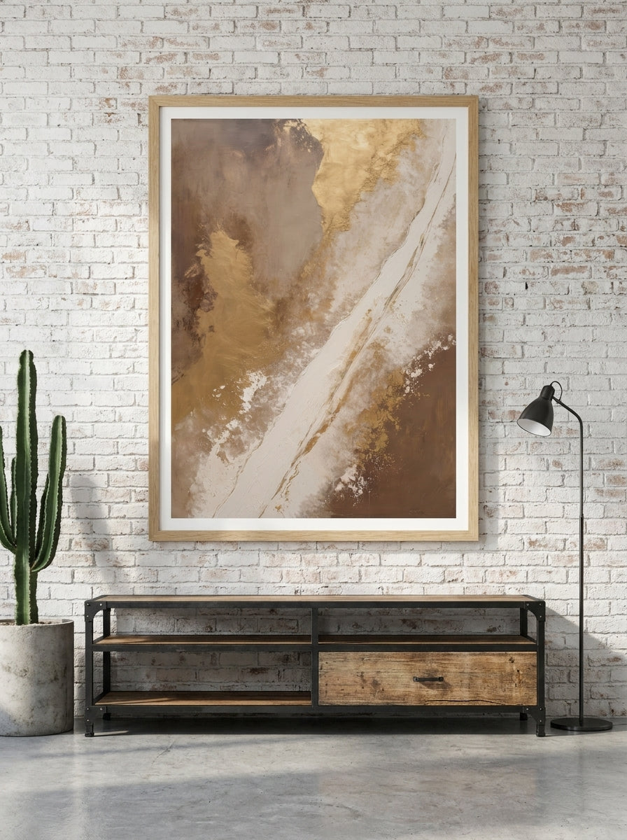 Modern wall art print styled on the wall in an industrial loft living room