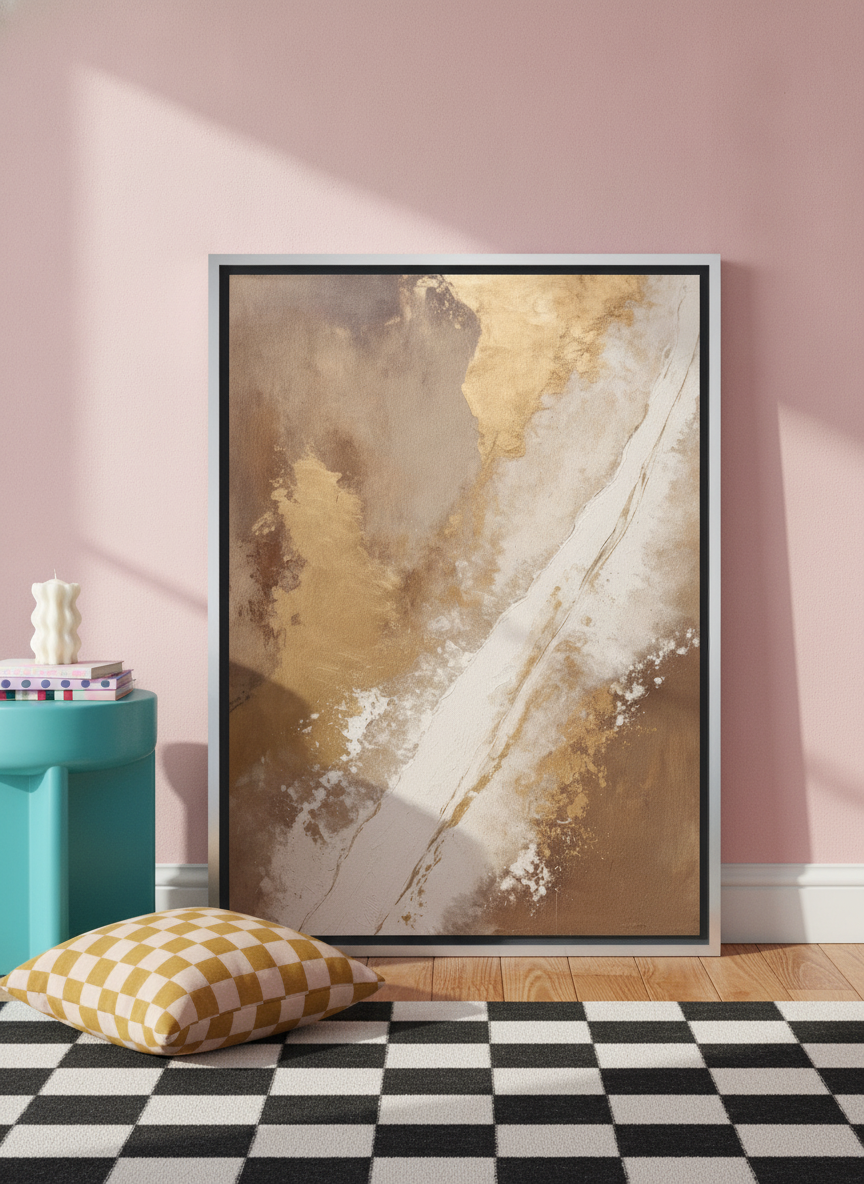 Canvas wall art with a silver leaf surround leaning against the wall in a colourful eclectic home office