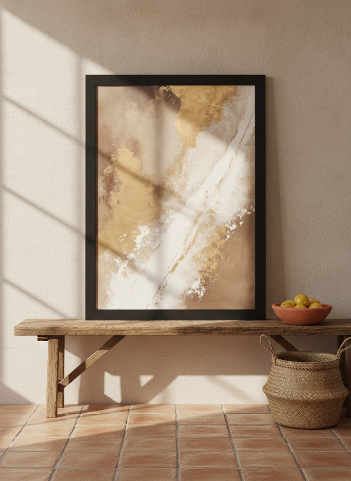 Modern wall art print standing on a bench in a Mediterranean dining room