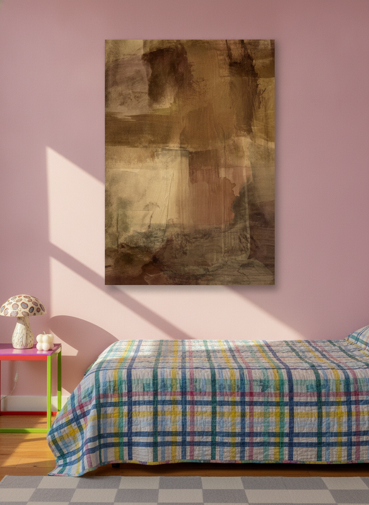 Stretched canvas wall art styled on the wall in a colourful eclectic bedroom