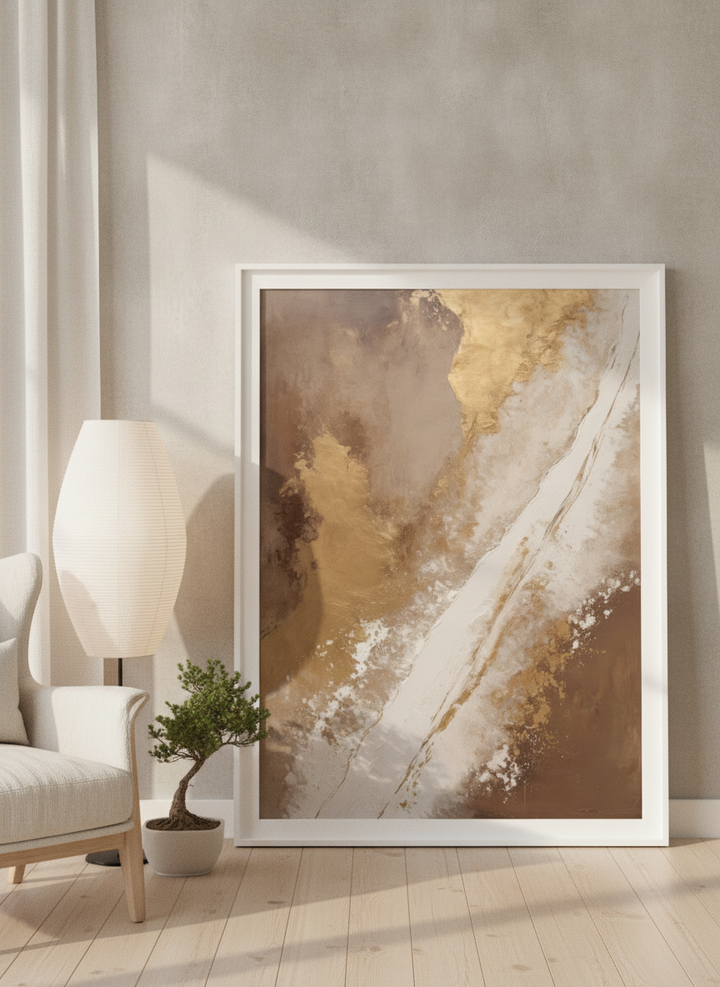 Oversized statement modern wall art print leaning against the wall in a warm Japandi living room