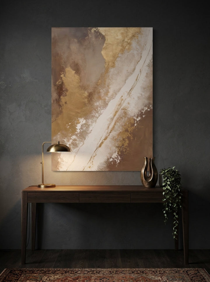 Stretched canvas wall art styled on the wall in a moody home office