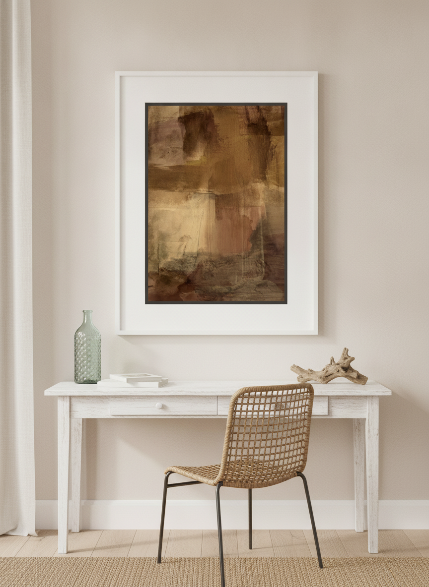 Canvas wall art with a white surround styled on the wall in a coastal home office