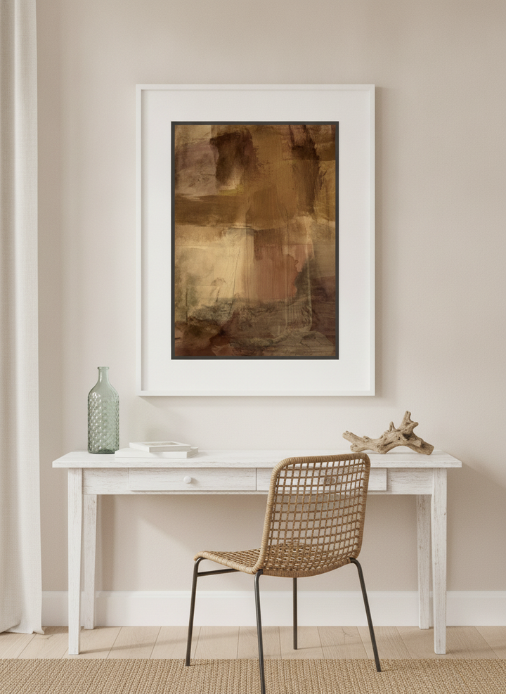 Canvas wall art with a white surround styled on the wall in a coastal home office