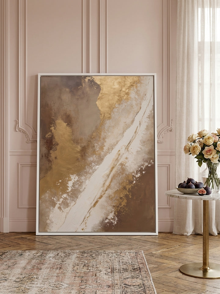 Canvas wall art with a white surround leaning against the wall in a Parisian dining room