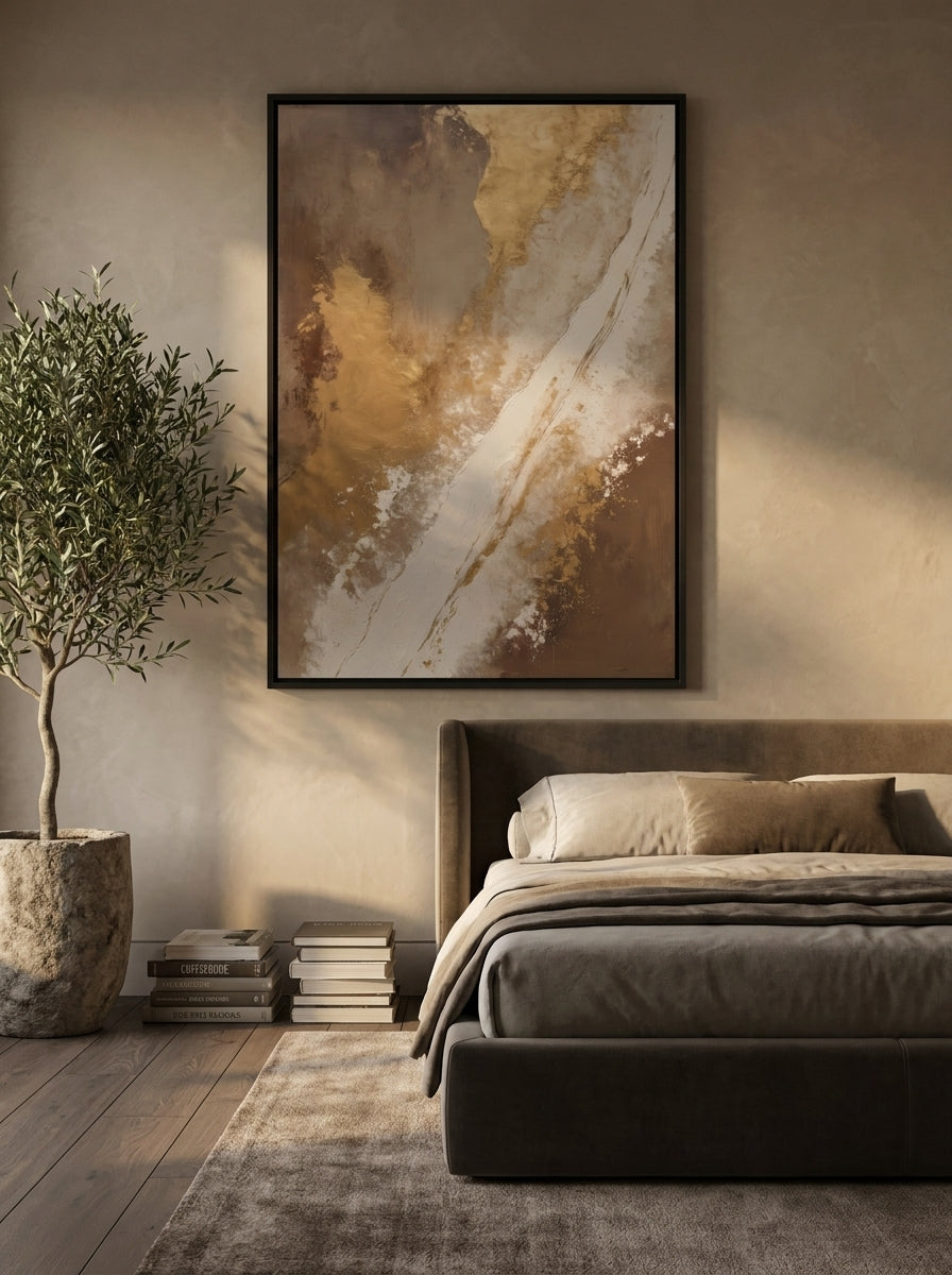 Oversized statement canvas wall art with a black surround styled on the wall in a luxe bedroom