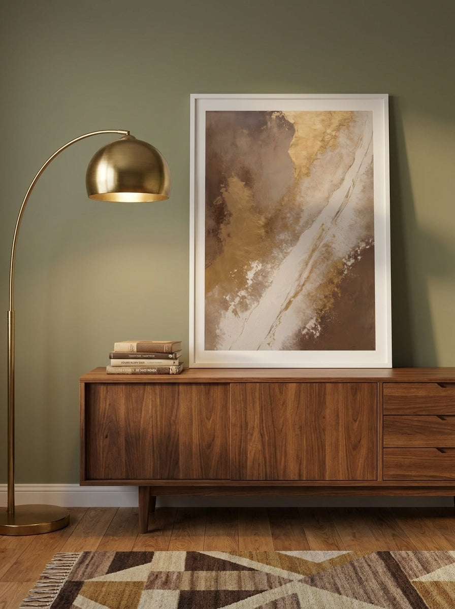 Modern wall art print standing on a sideboard in a mid-century bedroom