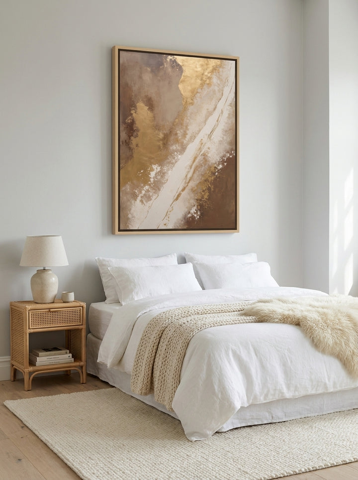 Canvas wall art with a natural timber surround styled on the wall in a bright Scandinavian bedroom