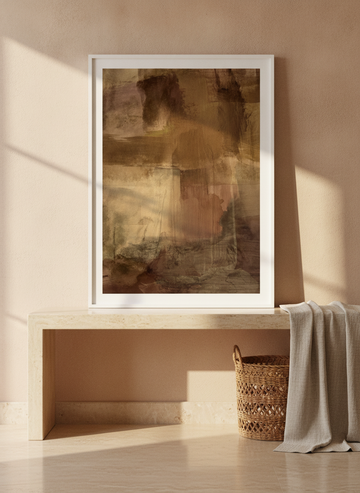 Modern wall art print standing on a console in a Mediterranean bedroom