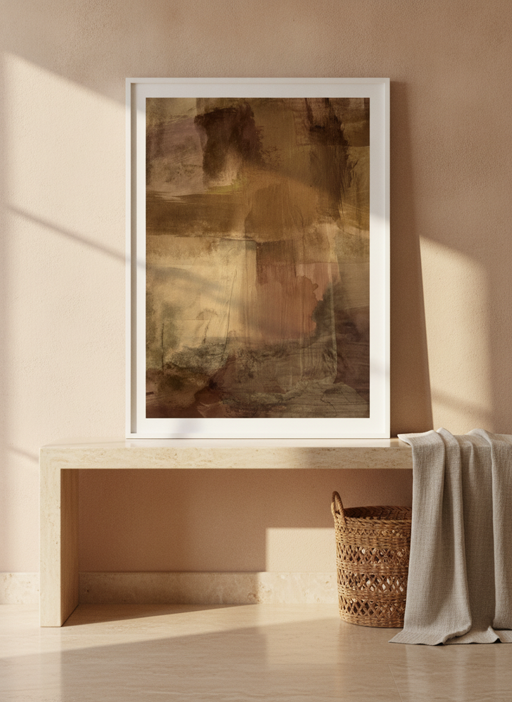 Modern wall art print standing on a console in a Mediterranean bedroom