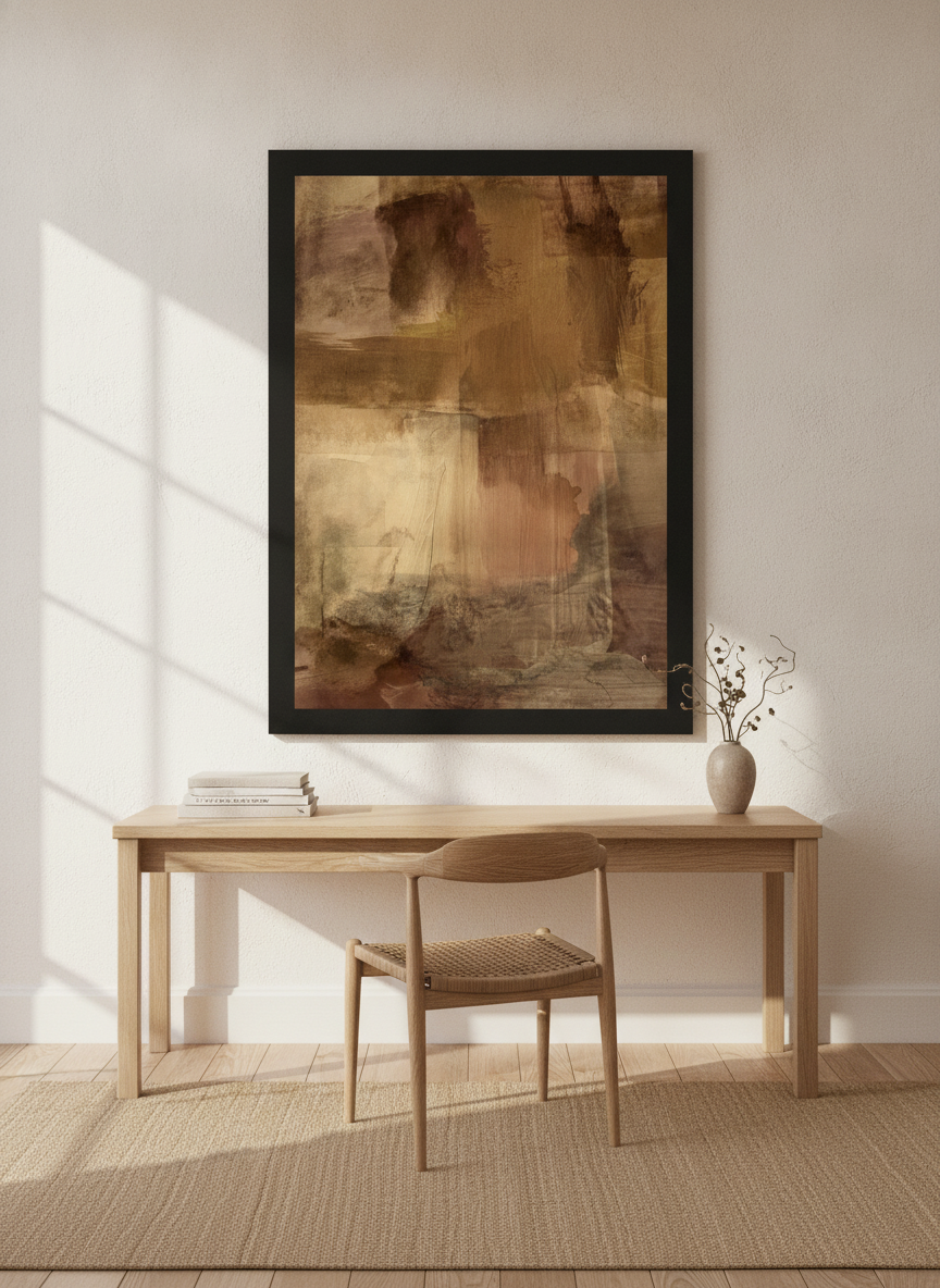 Oversized statement modern wall art print styled on the wall in a warm Japandi home office