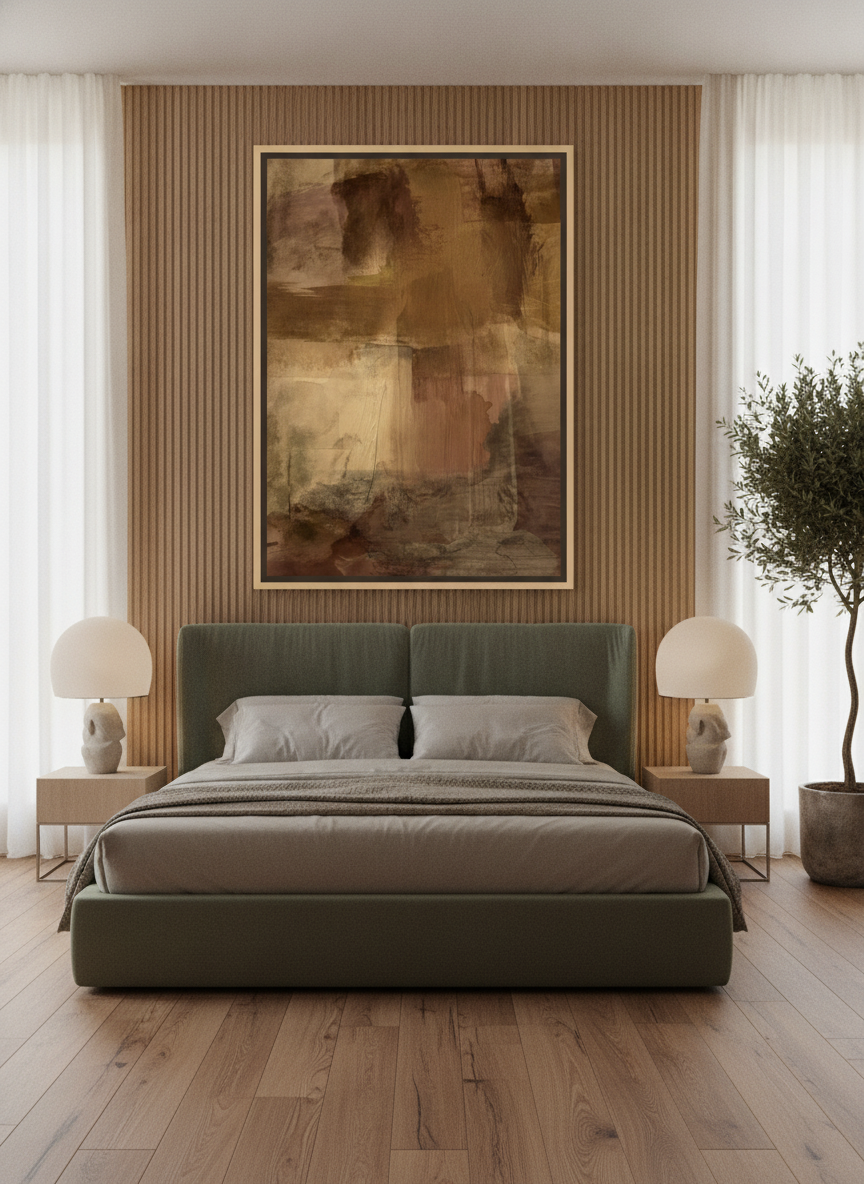 Oversized statement canvas wall art with a natural timber surround styled on the wall in a luxe bedroom