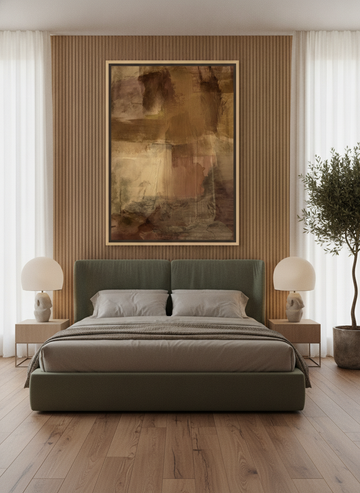 Oversized statement canvas wall art with a natural timber surround styled on the wall in a luxe bedroom