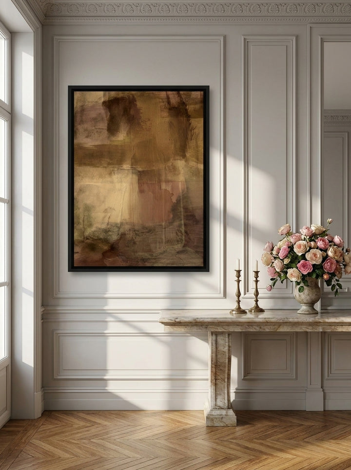 Canvas wall art with a black surround styled on the wall in a Parisian living room