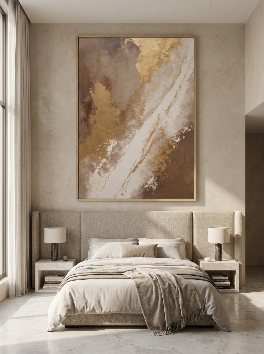 Oversized statement modern wall art print styled on the wall in a luxe bedroom