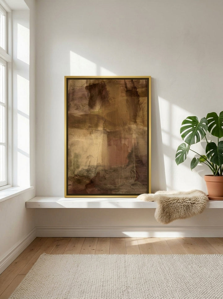 Canvas wall art with a gold leaf surround standing on a shelf in a bright Scandinavian bedroom