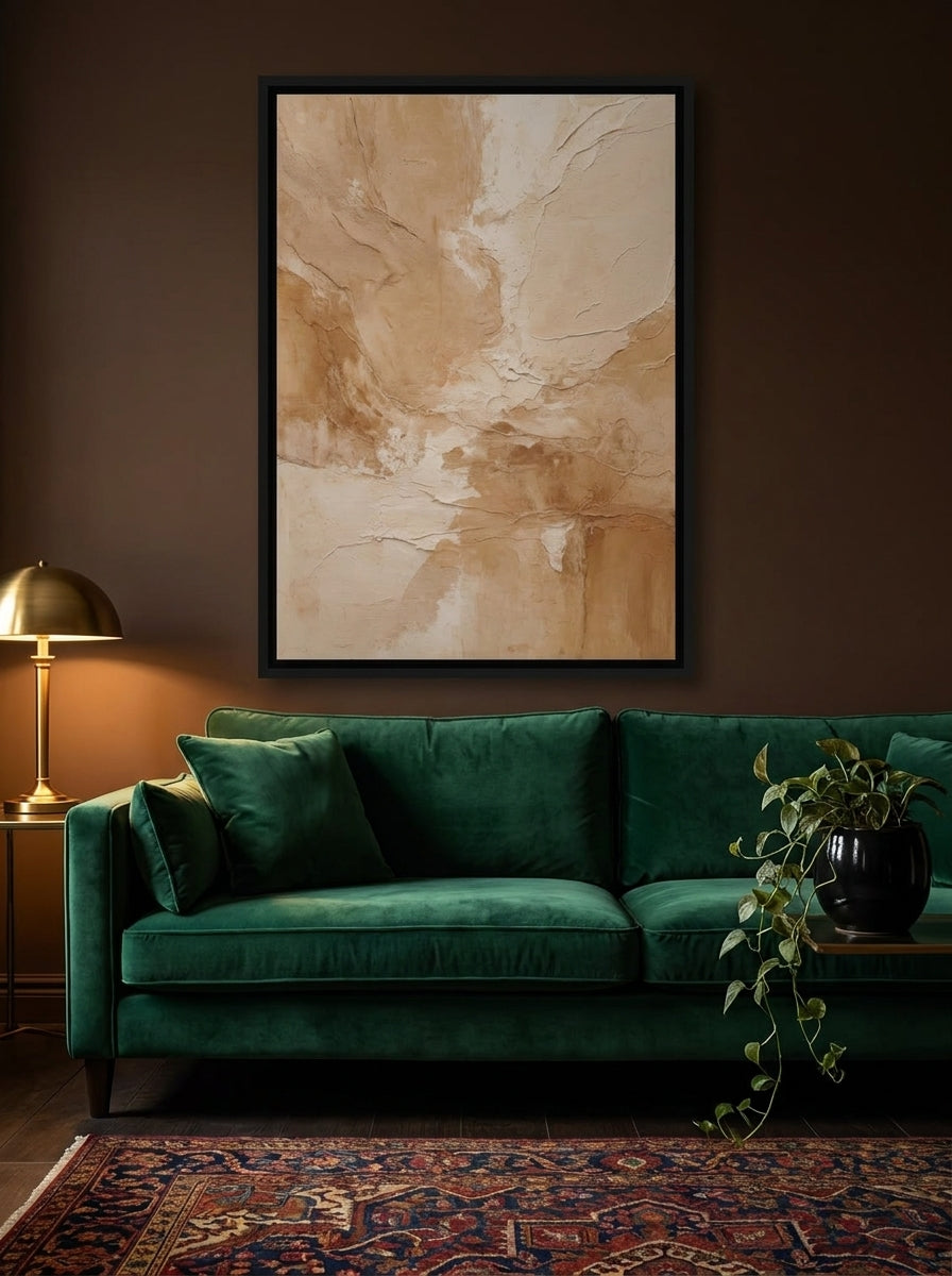 Canvas wall art with a black surround styled on the wall in a moody living room