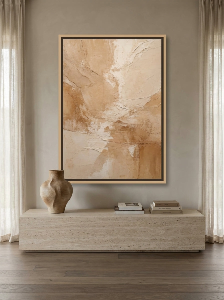 Oversized statement canvas wall art with a natural timber surround styled on the wall in a luxe living room