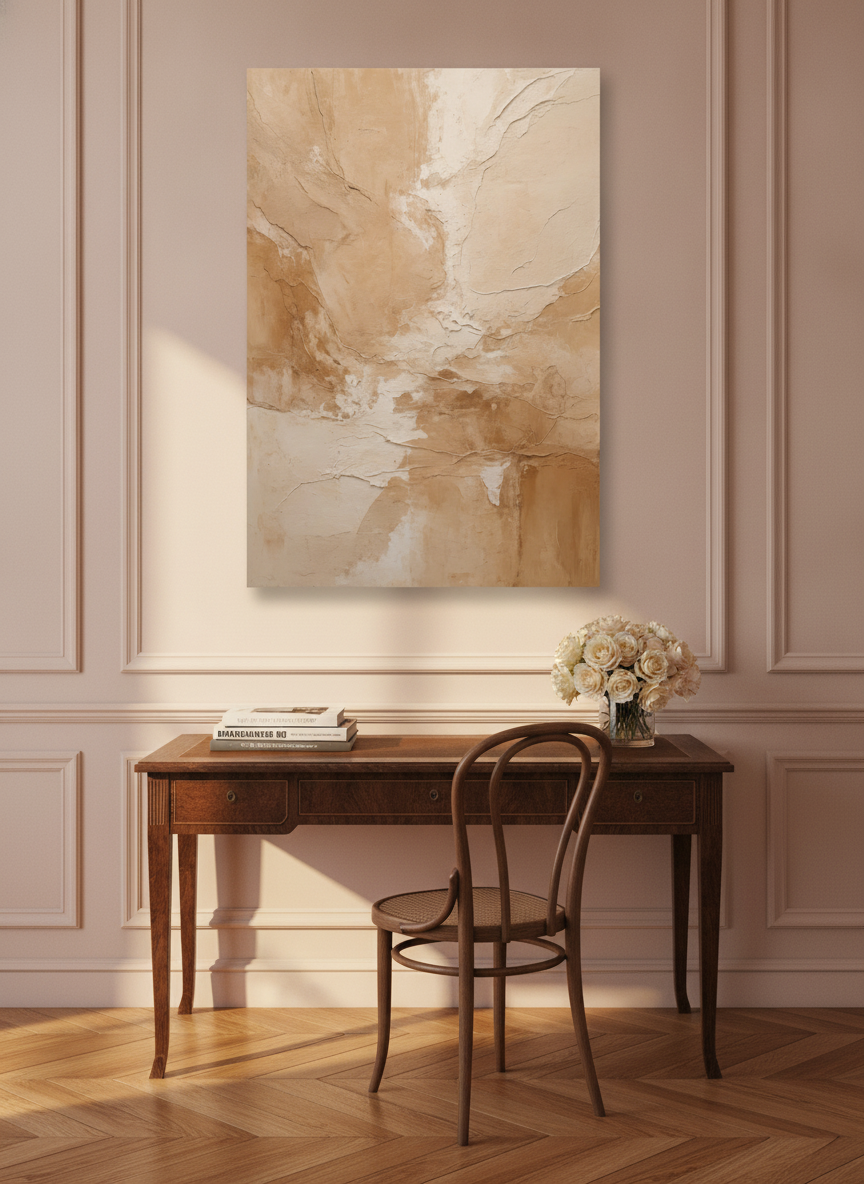 Stretched canvas wall art styled on the wall in a Parisian home office