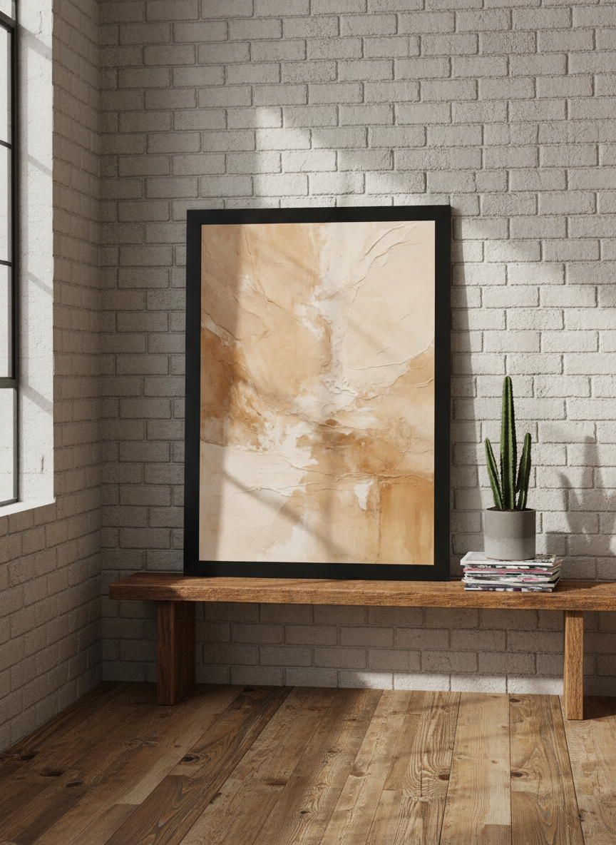 Modern wall art print standing on a bench in an industrial loft living room