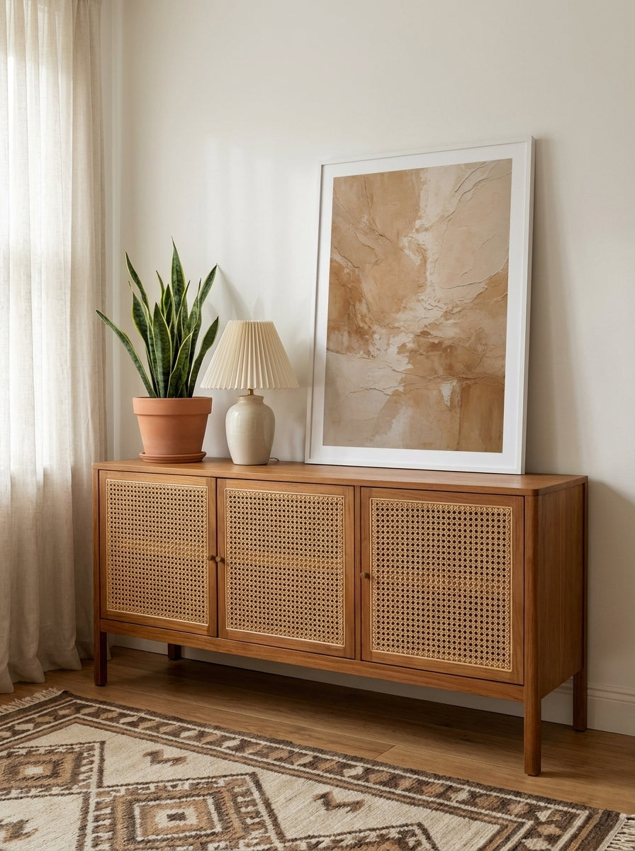 Modern wall art print standing on a sideboard in a mid-century bedroom