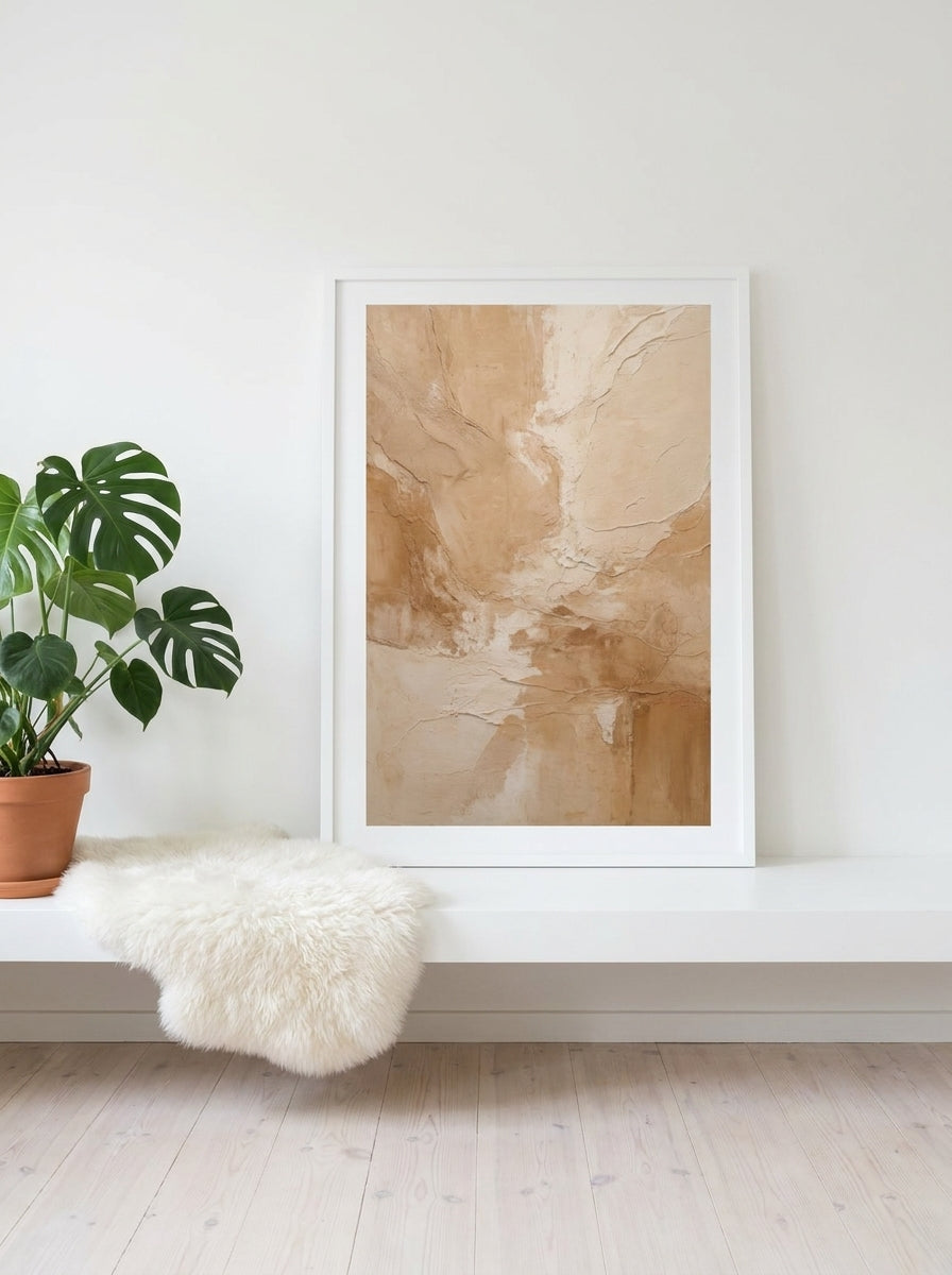 Modern wall art print standing on a shelf in a bright Scandinavian home office