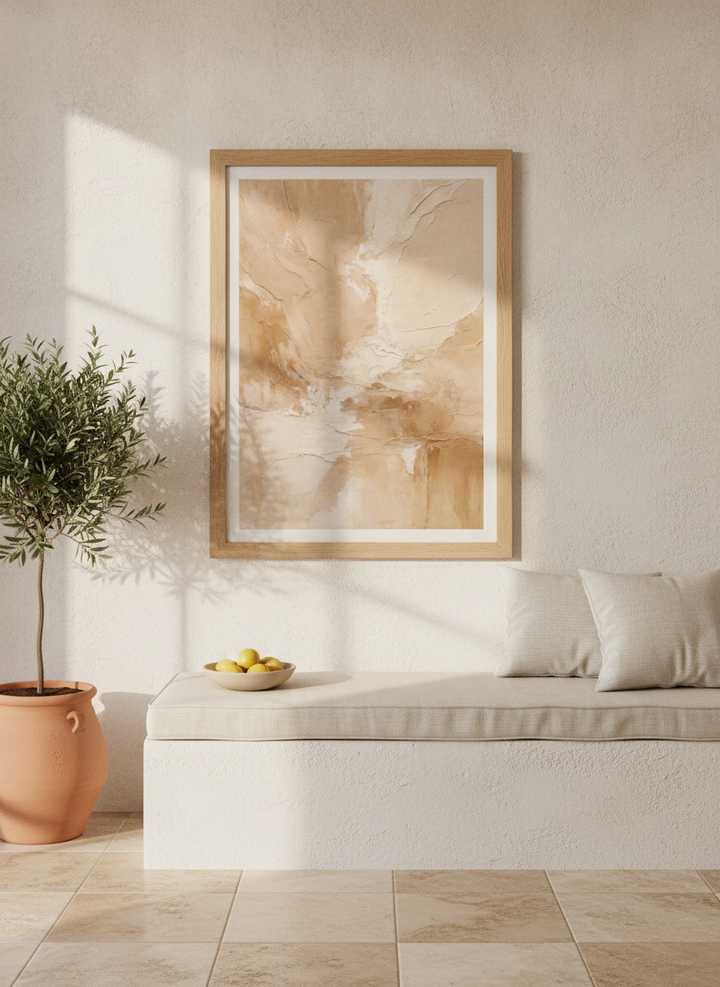 Modern wall art print styled on the wall in a Mediterranean living room