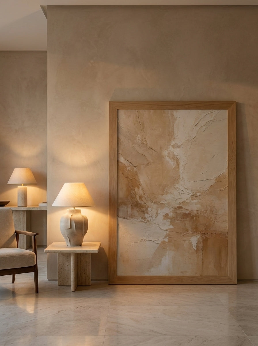 Oversized statement modern wall art print leaning against the wall in a luxe living room