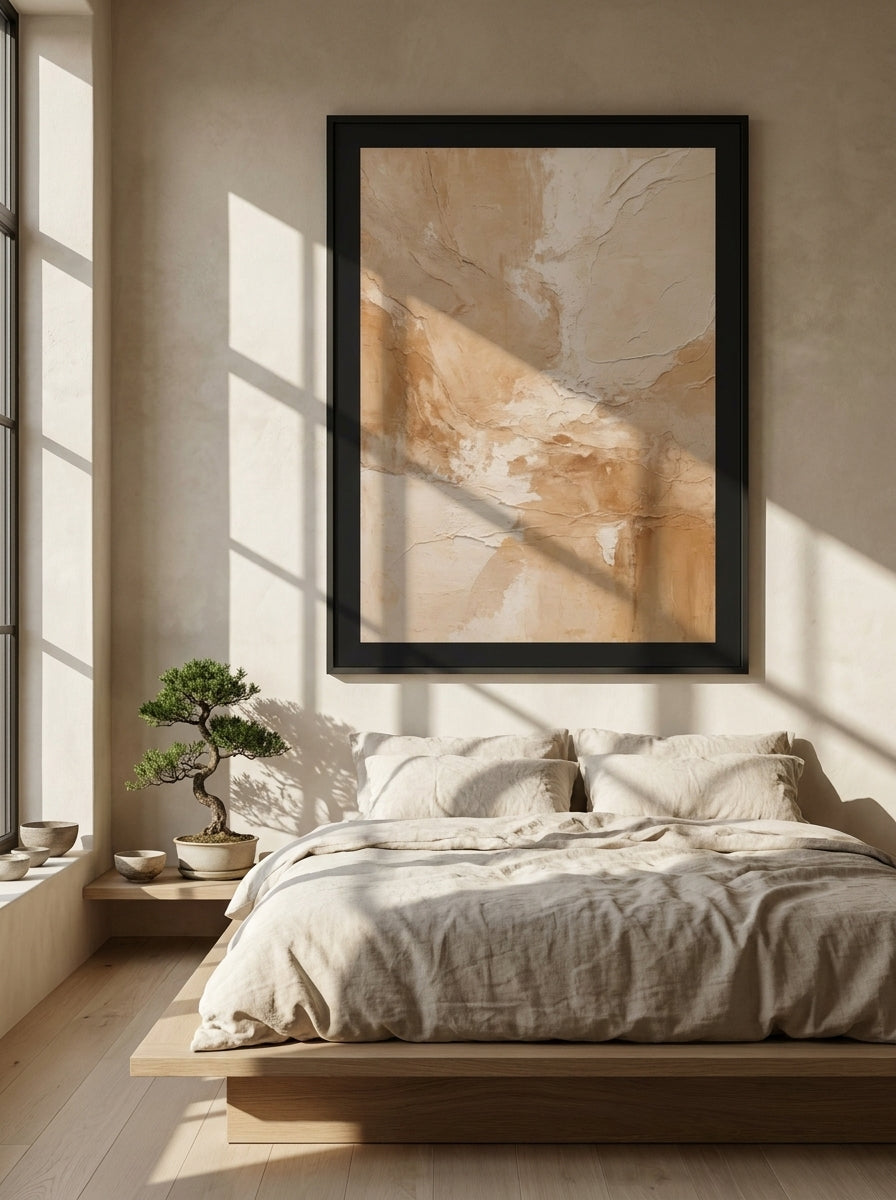 Oversized statement modern wall art print styled on the wall in a warm Japandi bedroom