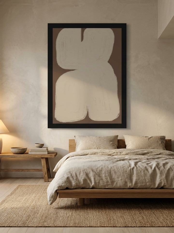 Oversized statement modern wall art print styled on the wall in a warm Japandi bedroom