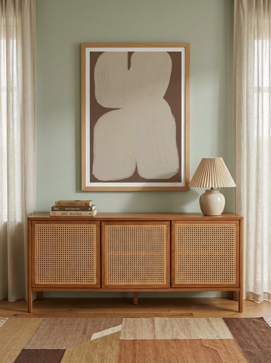 Modern wall art print styled on the wall in a mid-century living room