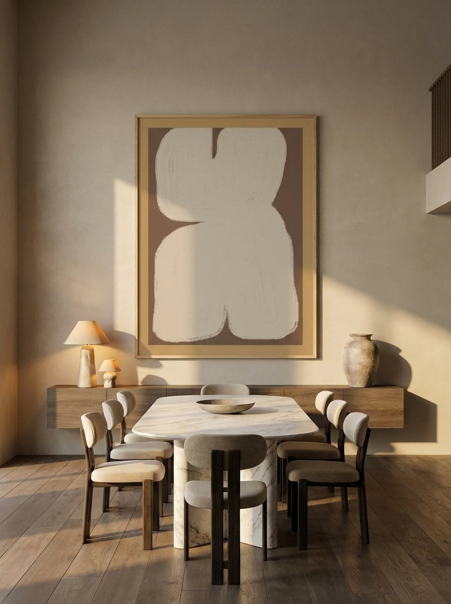 Oversized statement modern wall art print styled on the wall in a luxe dining room