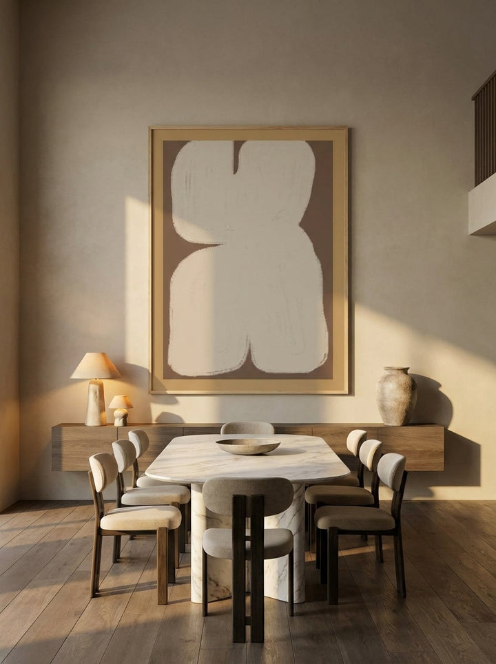 Oversized statement modern wall art print styled on the wall in a luxe dining room