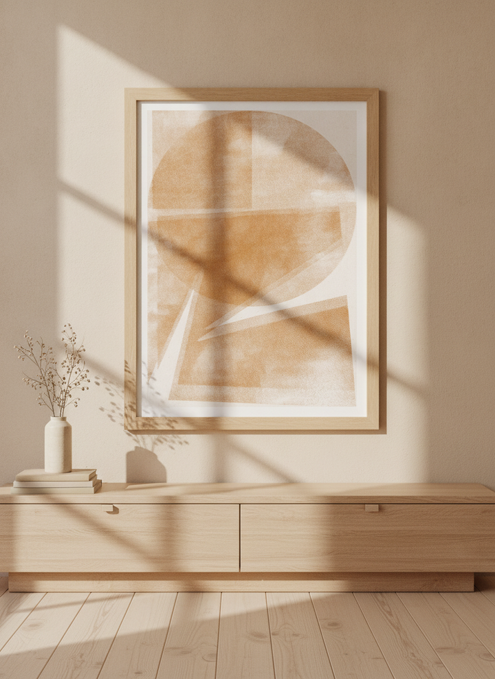 Modern wall art print styled on the wall in a warm Japandi living room