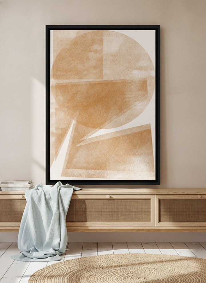 Canvas wall art with a black surround standing on a sideboard in a coastal bedroom