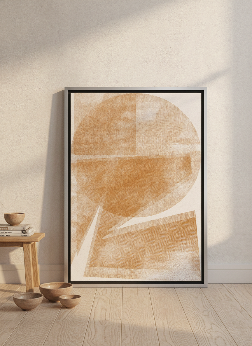 Canvas wall art with a silver leaf surround leaning against the wall in a warm Japandi bedroom