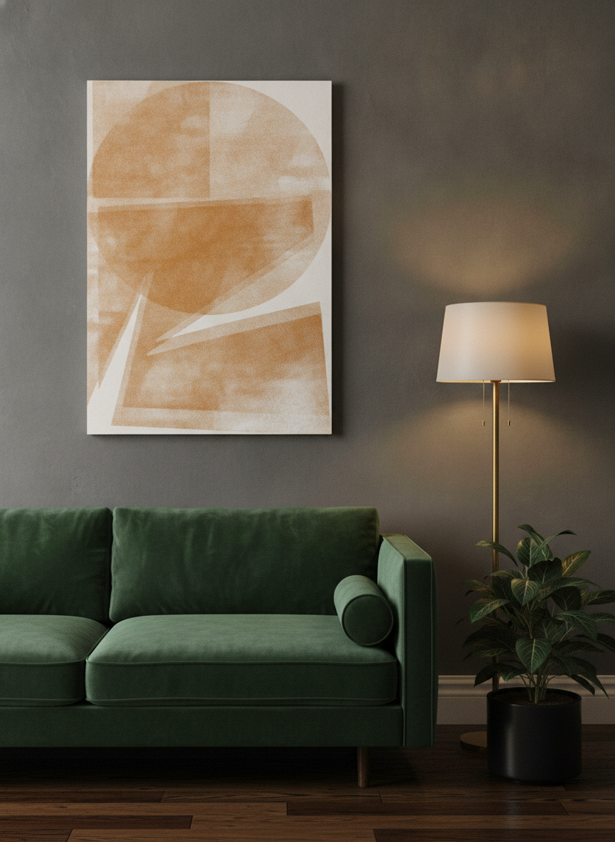 Stretched canvas wall art styled on the wall in a moody living room